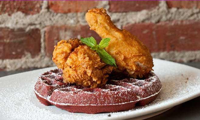 Chicken And Waffles Nyc
 Buttermilk Chicken & Red Velvet Waffle at SoCo
