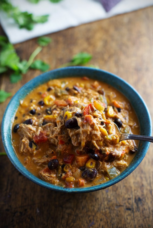 Chicken Chili Crockpot
 Queso Crockpot Chicken Chili with Roasted Corn and