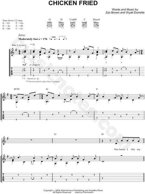 Chicken Fried Song
 Zac Brown Band "Chicken Fried" Guitar Tab in G Major