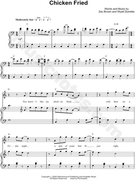 Chicken Fried Song
 Zac Brown Band "Chicken Fried" Sheet Music in C Major