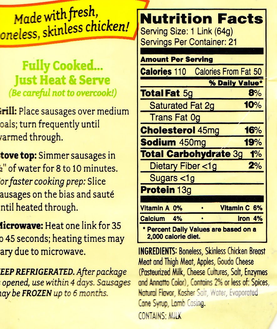 Chicken Sausage Nutrition
 Costco Cuisine Amylu Apple & Gouda Cheese Chicken Sausage