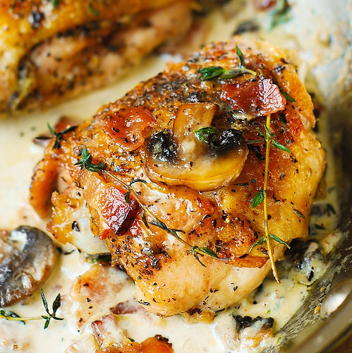 Chicken Thighs And Mushrooms
 Chicken Thighs with Creamy Bacon Mushroom Thyme Sauce