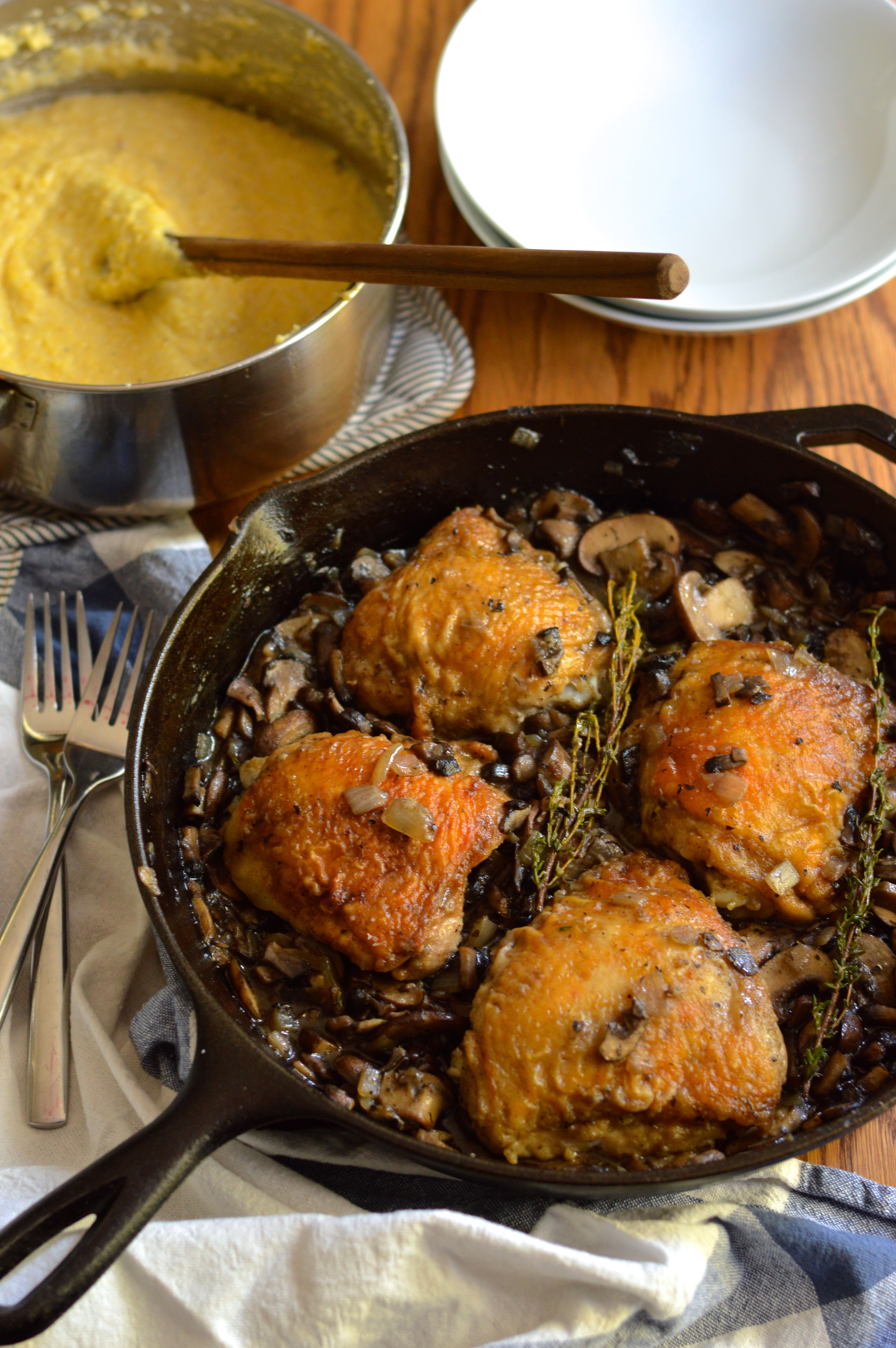 Chicken Thighs And Mushrooms
 Braised Chicken Thighs with Mushrooms and Creamy Polenta