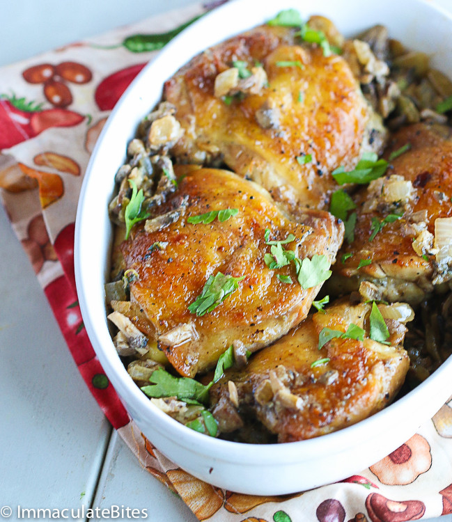 Chicken Thighs And Mushrooms
 baked chicken thighs with mushrooms