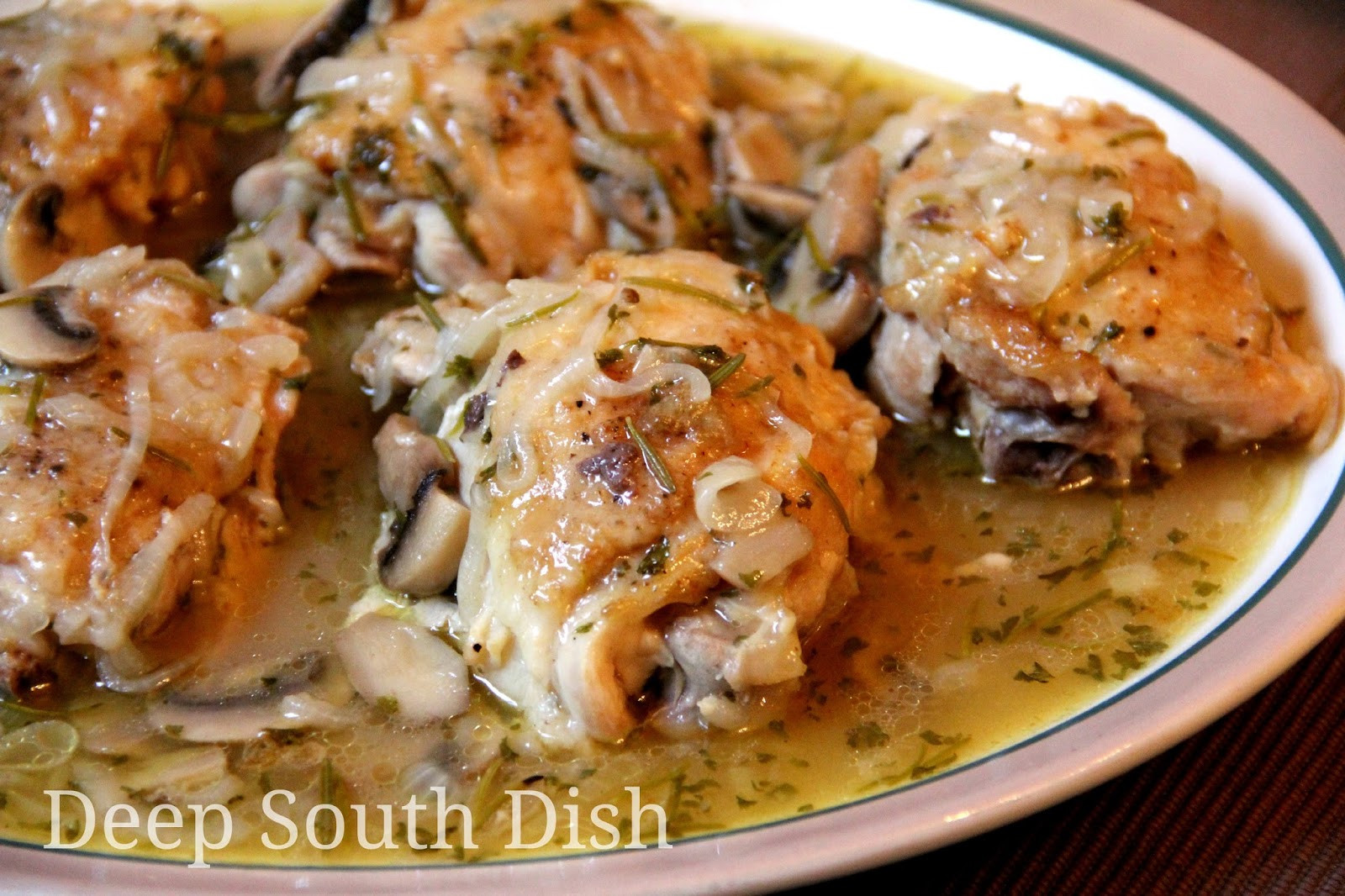 Chicken Thighs And Mushrooms
 Deep South Dish Braised Chicken Thighs with ions and