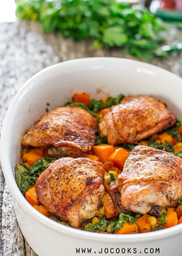 Chicken Thighs And Potatoes
 Chicken Thighs with Sweet Potatoes Corn and Kale Bake Jo