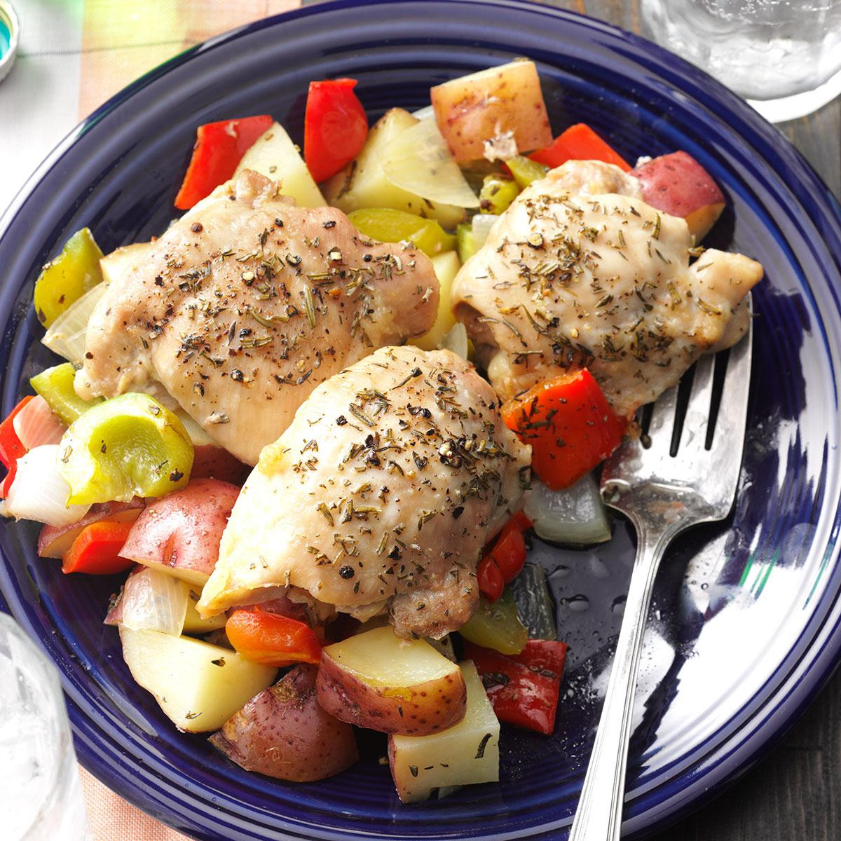 Chicken Thighs And Potatoes
 Roasted Chicken Thighs with Peppers & Potatoes Recipe