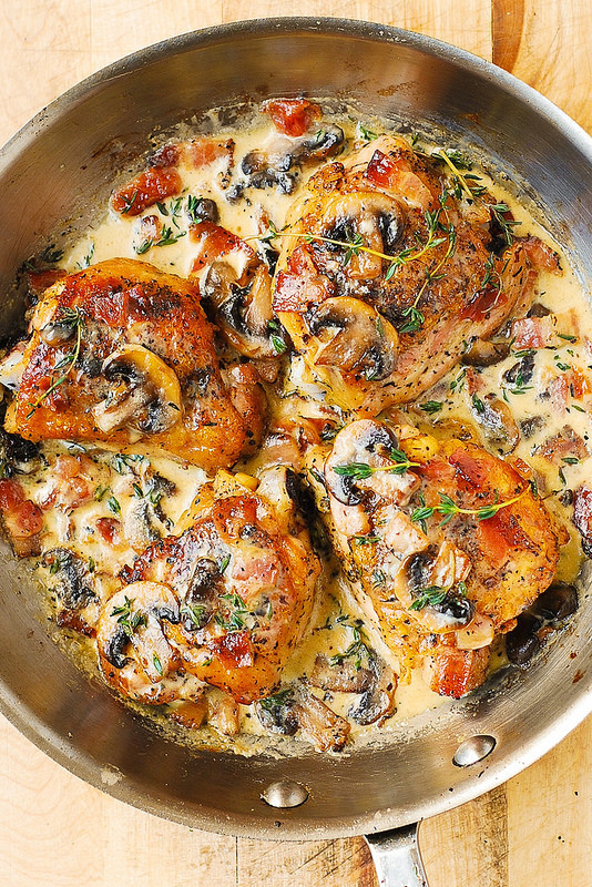 Chicken Thighs With Mushrooms
 Chicken Thighs with Creamy Bacon Mushroom Thyme Sauce