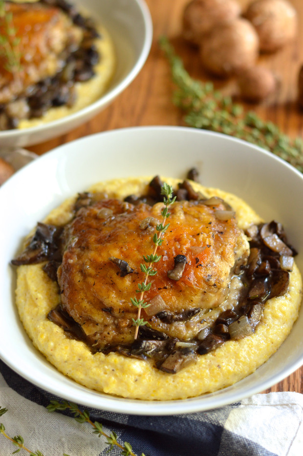 Chicken Thighs With Mushrooms
 Braised Chicken Thighs with Mushrooms and Creamy Polenta