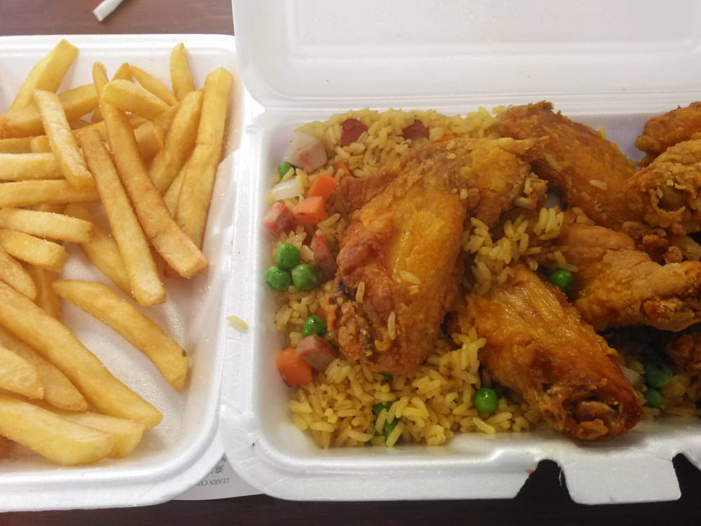Chicken Wings Fried Rice
 6 chicken wings with pork fried rice a side of fries and