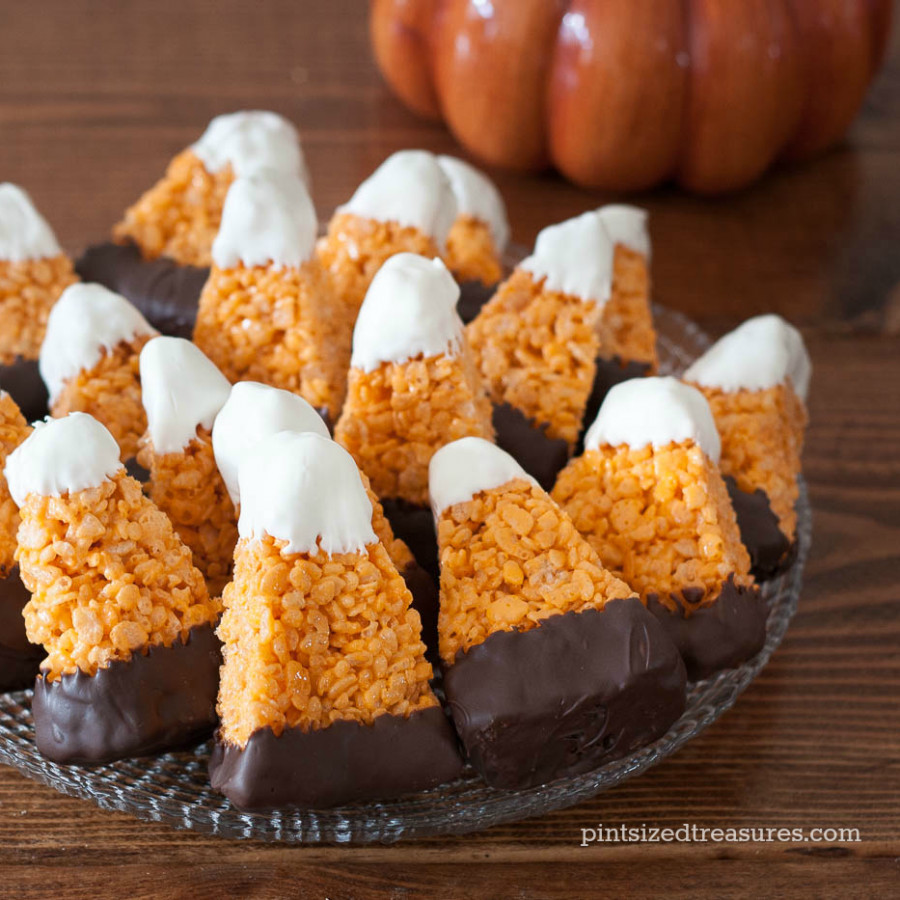 Chocolate Candy Corn
 Chocolate Dipped Candy Corn Krispie Treats · Pint sized