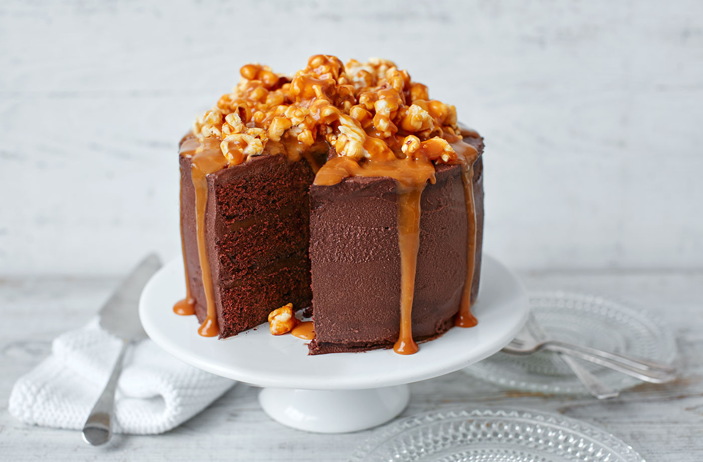 Chocolate Caramel Cake
 Chocolate popcorn and salted caramel cake