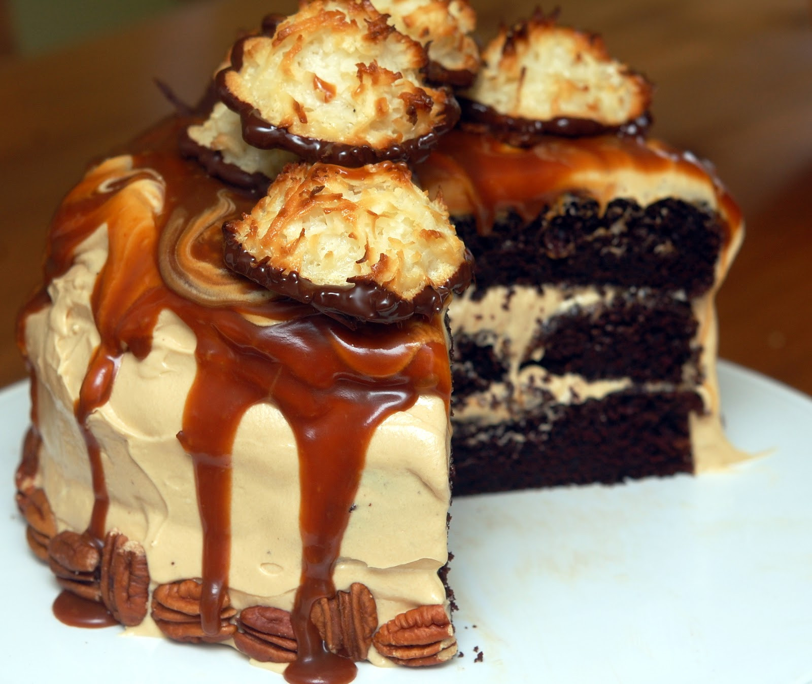 Chocolate Caramel Cake
 TRIPLE LAYER CHOCOLATE CAKE COATED IN CARAMEL BUTTER CREAM