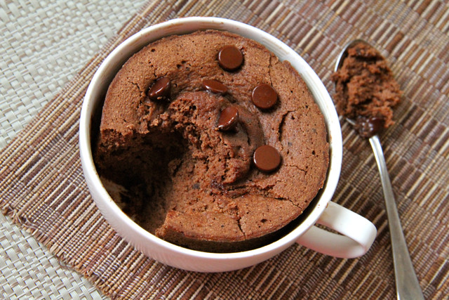 Chocolate Chip Mug Cake
 double chocolate mug cake running with spoons