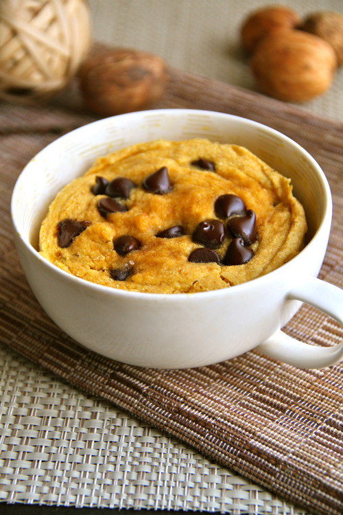 Chocolate Chip Mug Cake
 chocolate chip pumpkin mug cake running with spoons