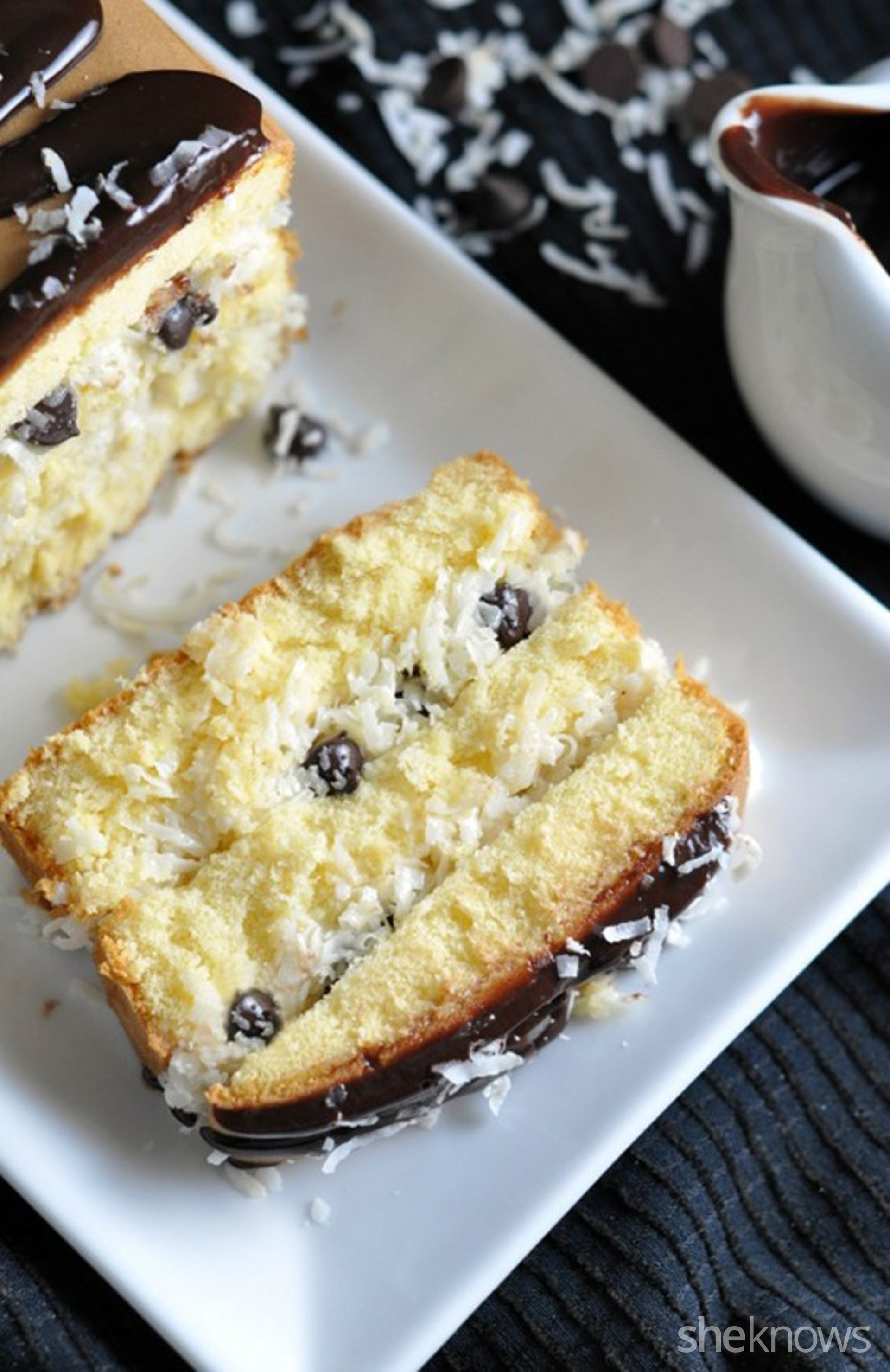 Chocolate Chip Pound Cake
 Coconut and chocolate chip layered pound cake is too good