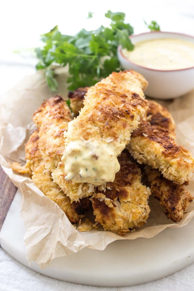 Coconut Chicken Tenders
 Paleo Coconut Chicken Tenders with Mango Honey Mustard