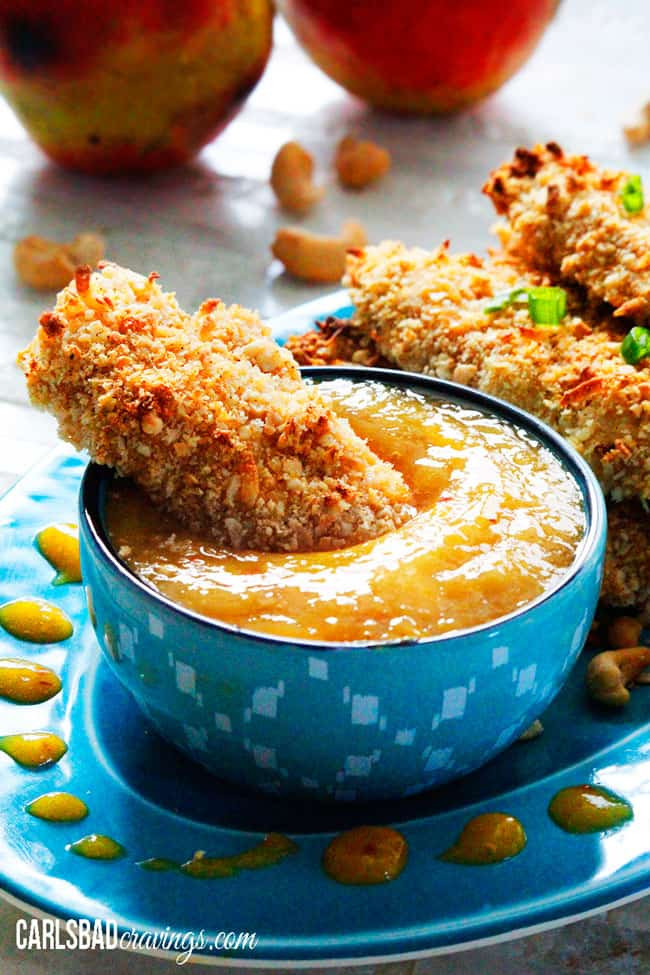 Coconut Chicken Tenders
 Crispy Cashew Coconut Chicken Tenders with Mango Honey Dip