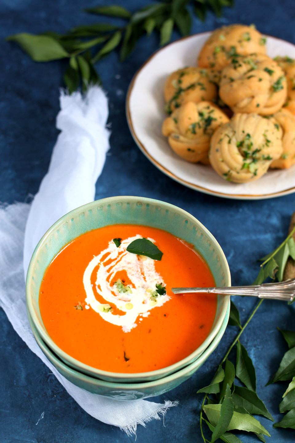 Cream Of Tomato Soup
 Curry Leaf Cream of Tomato Soup & Twisted Naan Knots – K O