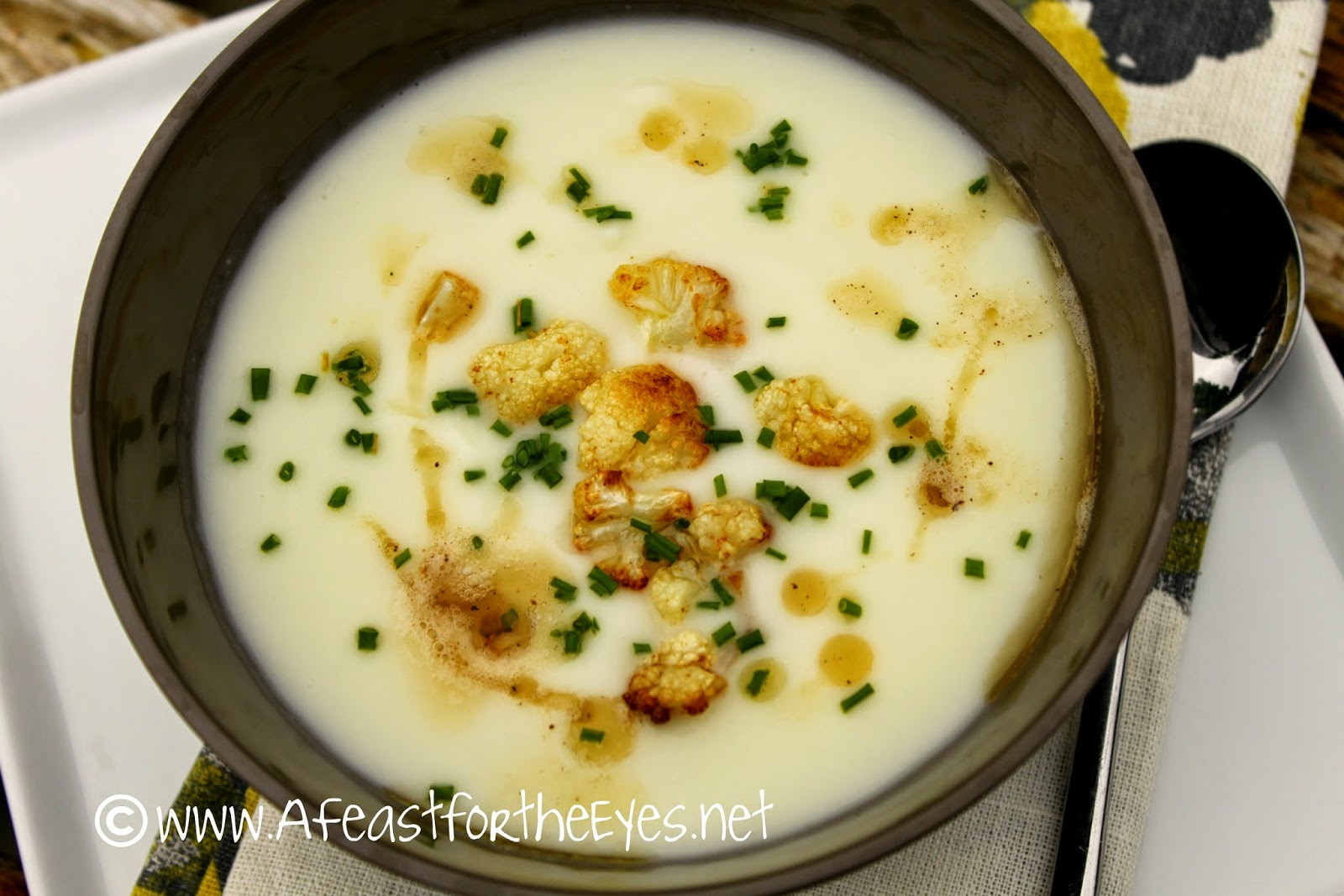 Creamy Cauliflower Soup
 A Feast for the Eyes "Creamless" Creamy Cauliflower Soup