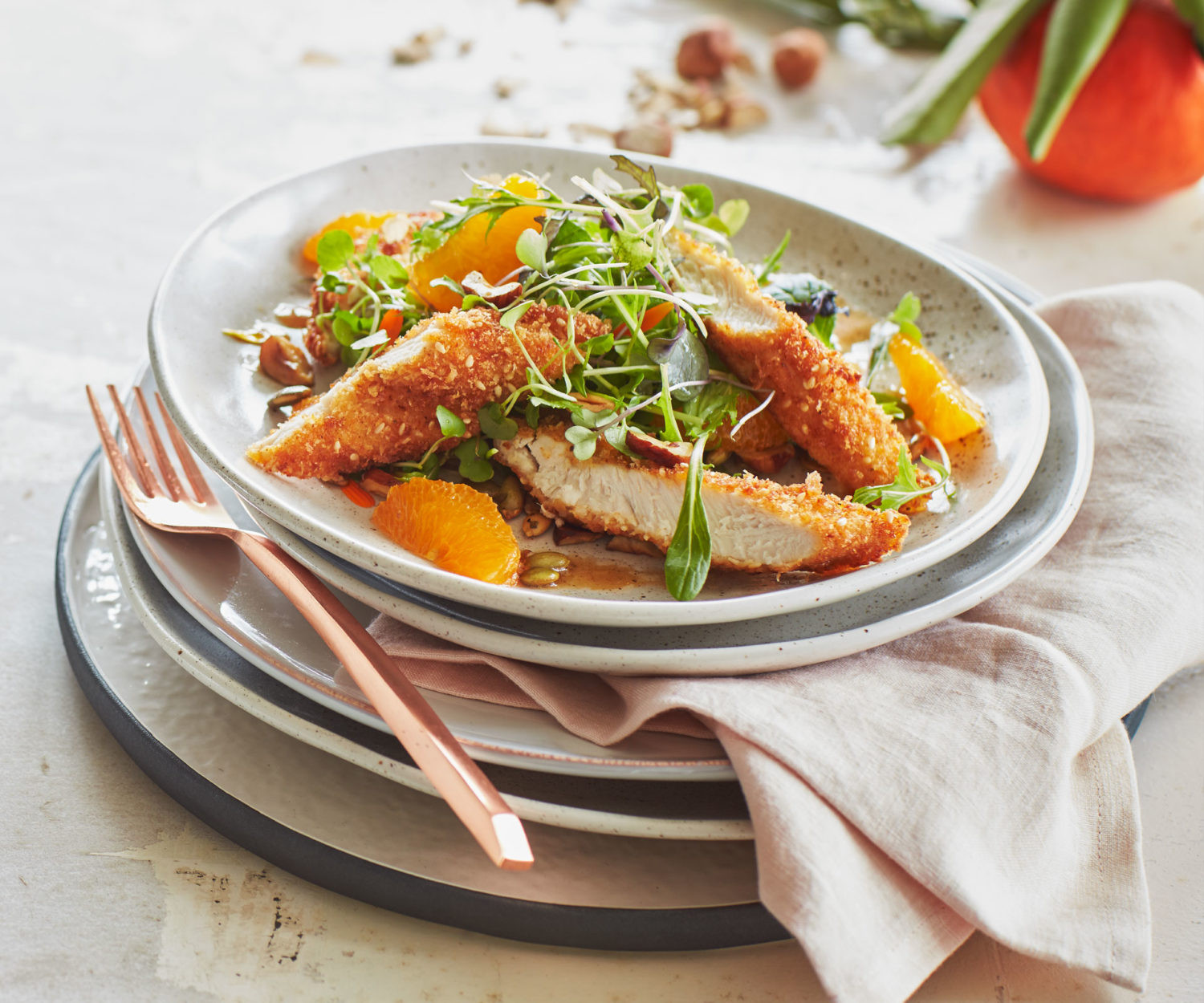 Crispy Chicken Salad
 Crispy chicken salad with tangelo and roasted hazelnuts