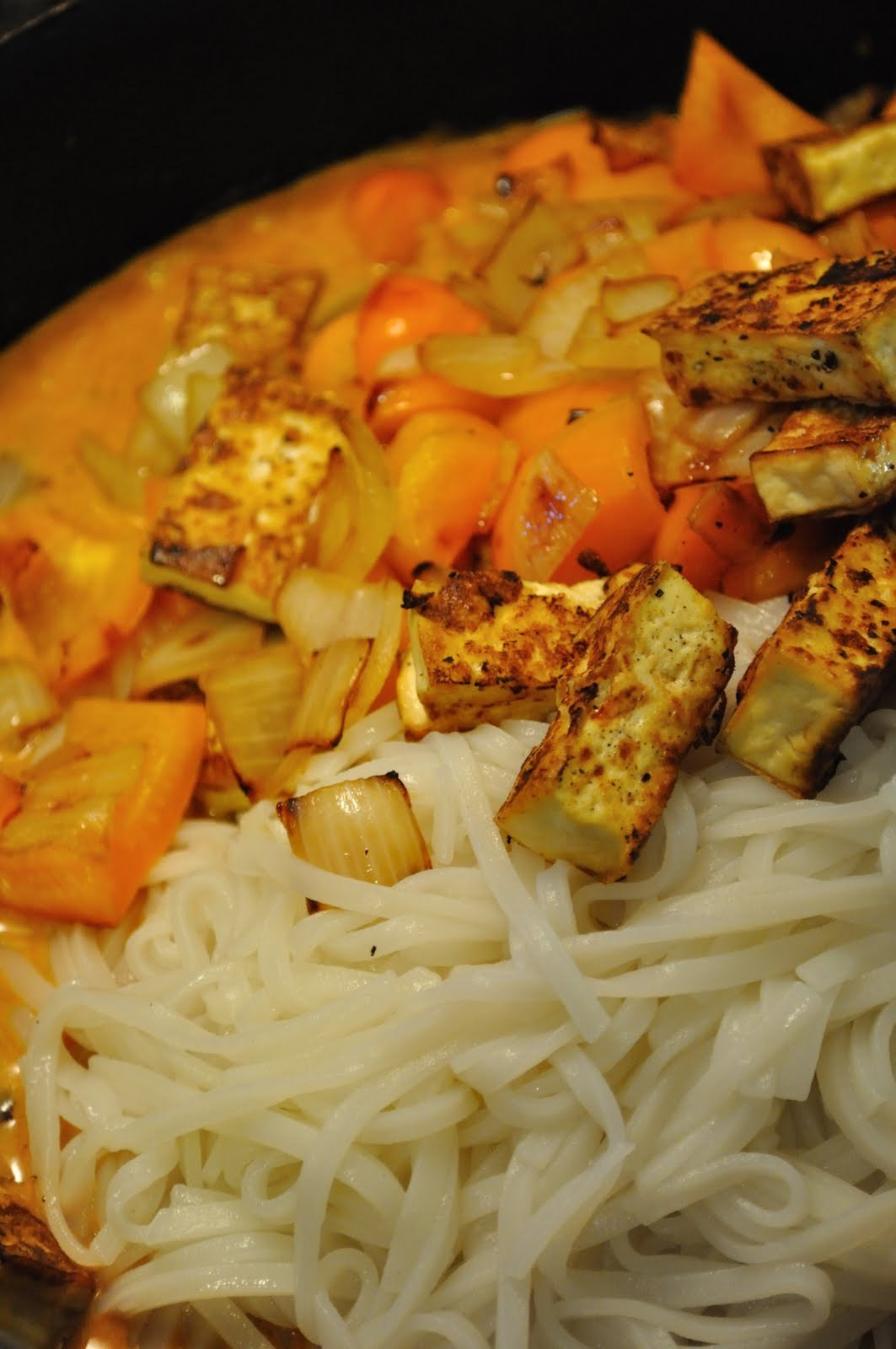 Crispy Rice Noodles
 Crispy Tofu & Rice Noodles in Red Curry Coconut Sauce