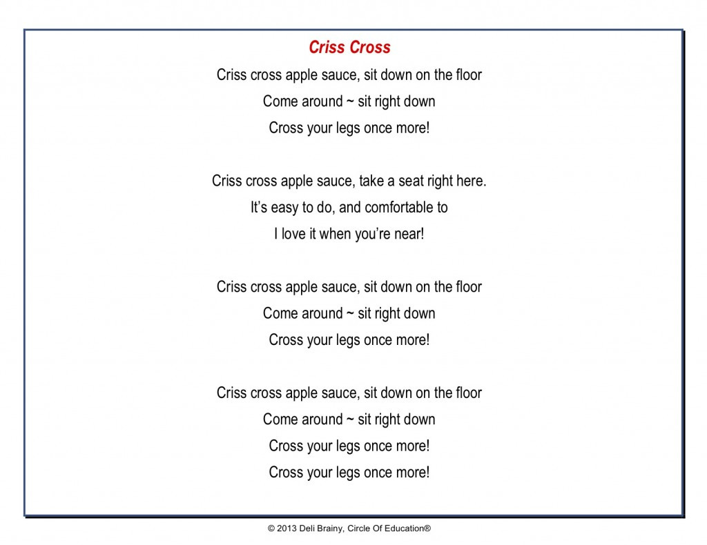 Criss Cross Applesauce Song
 Ready To Learn Skills 2CD DigiPak Circle of Education