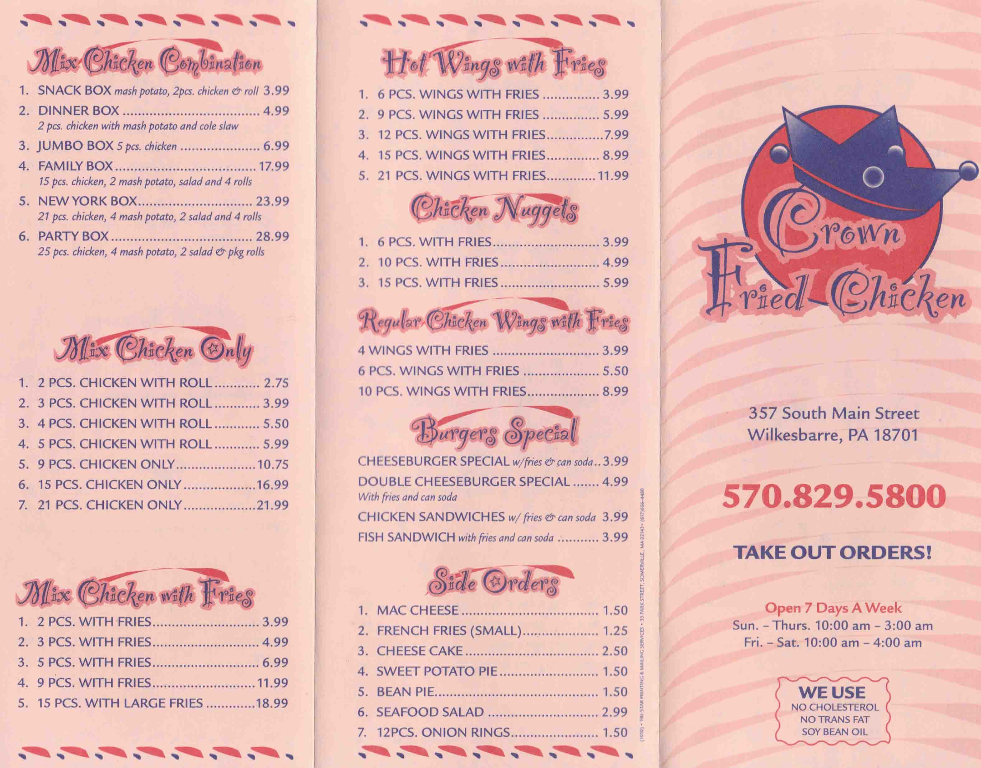 Crown Fried Chicken Menu
 Crown Fried Chicken Menu Wilkes Barre PA