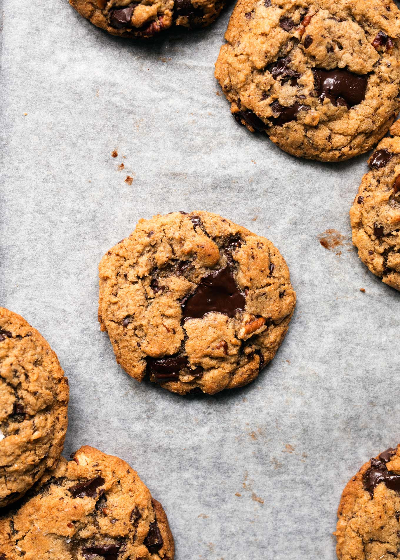 Dark Chocolate Chip Cookies
 Chestnut & dark chocolate chip cookies with pecans BAKED