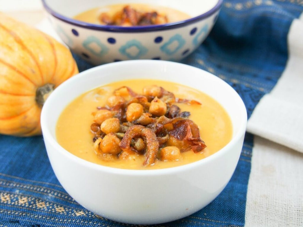 Delicata Squash Soup
 Delicata squash soup with curried chickpeas and onions