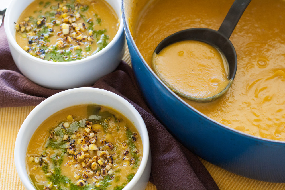 Delicata Squash Soup
 Delicata Squash Soup with Charred Corn and Cilantro Oil