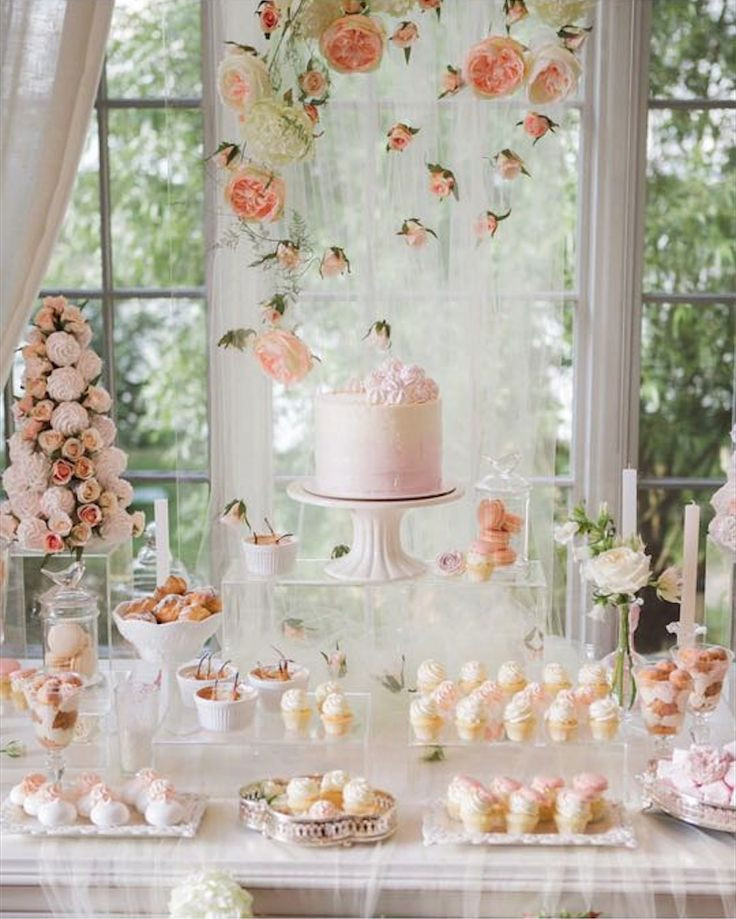 Dessert Table Backdrop
 Peach and blush wedding dessert table with macarons and