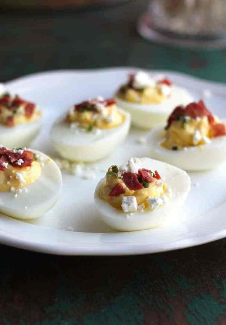 Deviled Eggs Thanksgiving
 Lightened Up Feta and Turkey Bacon Deviled Eggs