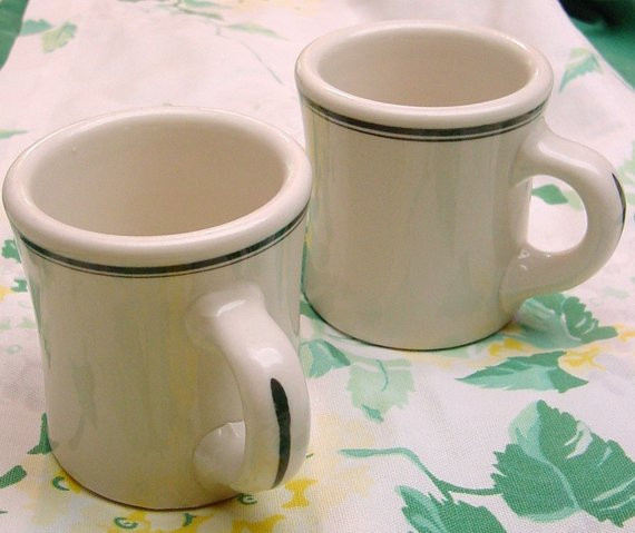 Dinner Coffee Mugs
 TWO DINER MUGS heavy restaurant china coffee mugs with green