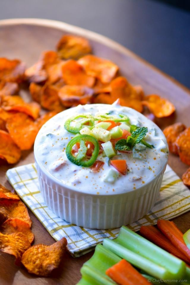 Dip Dip Potato Chip
 Loaded Raita Dip with Curry Dusted Sweet Potato Chips