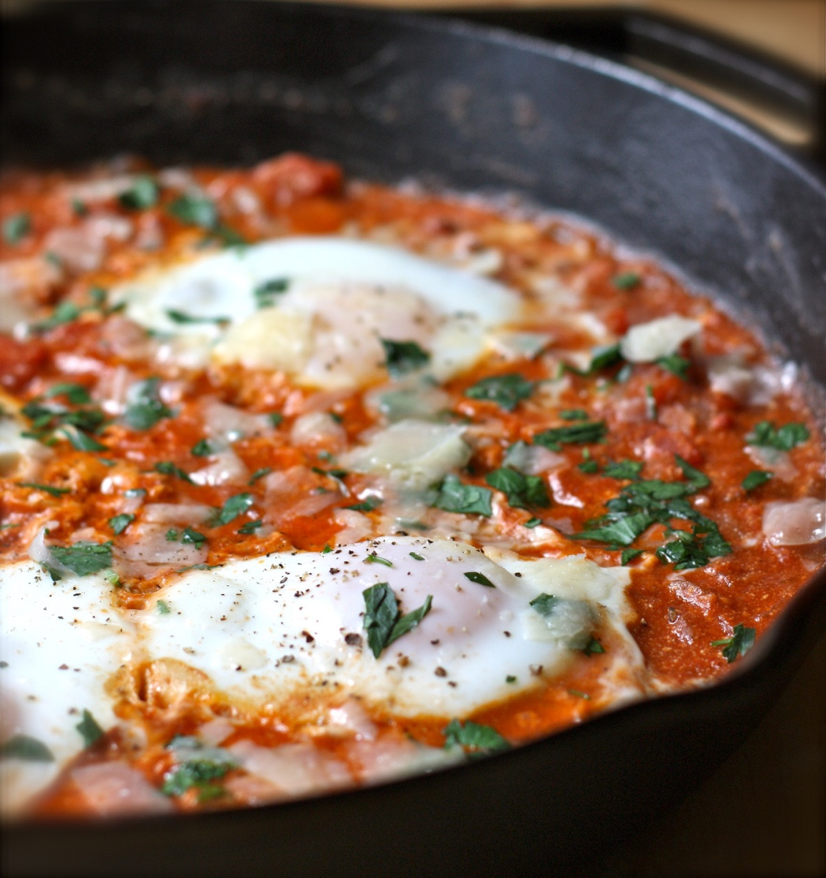 Eggs In Tomato Sauce
 eggs poached in chunky tomato sauce