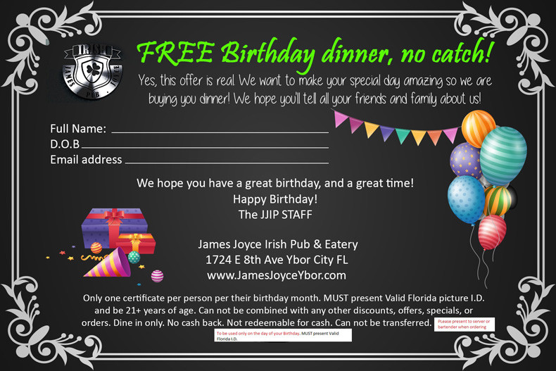 Free Birthday Dinner
 Free Birthday Dinner Certificate Download James Joyce