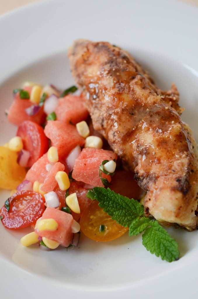 Fried Chicken And Watermelon
 Fried Chicken with Watermelon Tomato & Corn Salad