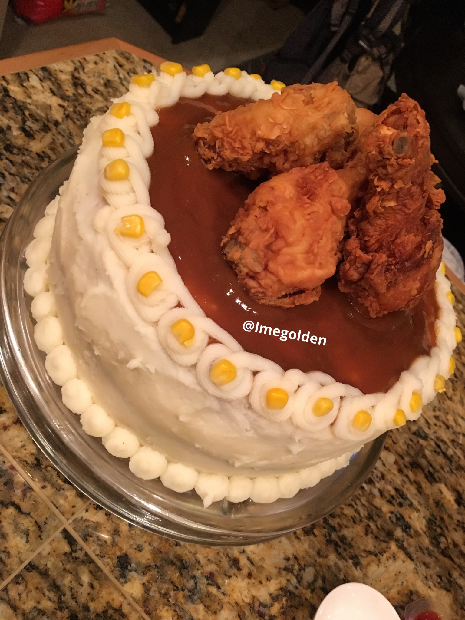 Fried Chicken Cake
 cornbread cake with mashed potato icing