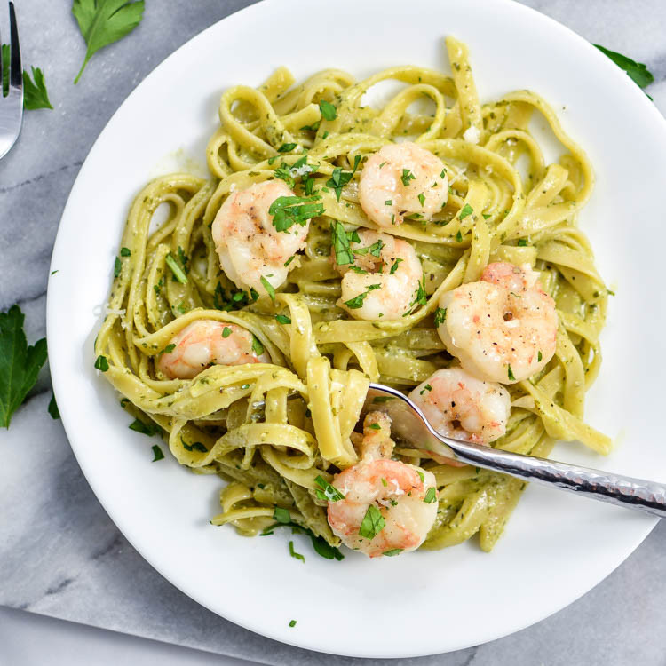 Garlic Butter Shrimp Pasta
 Creamy Pesto Pasta with Garlic Butter Shrimp