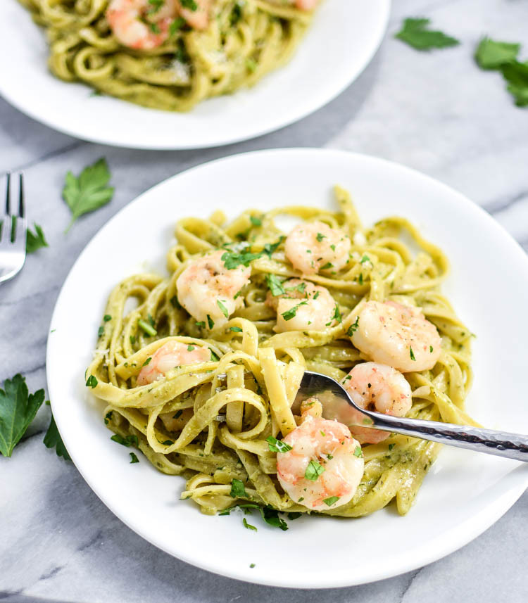 Garlic Butter Shrimp Pasta
 Creamy Pesto Pasta with Garlic Butter Shrimp