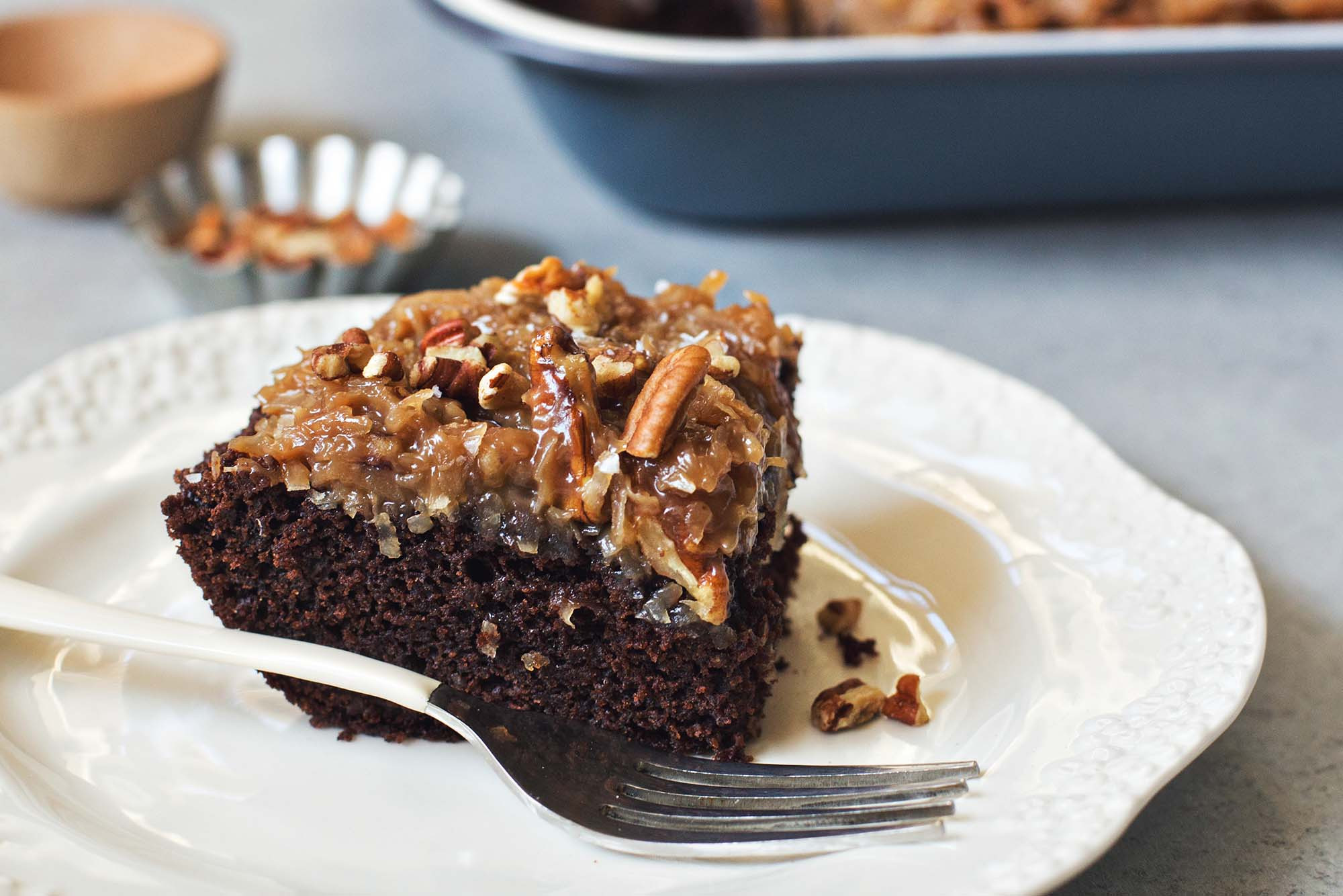 German Chocolate Cake Origin
 German Chocolate Snack Cake With Coconut Pecan Frosting