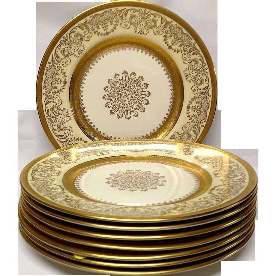 Gold Dinner Ware
 Set 8 Edgerton Pickard Gold Encrusted Dinner Plates from