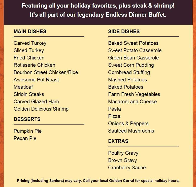 Golden Corral Dinner Menu
 Golden Corral Thanksgiving Menu 2015 Dinner Hours