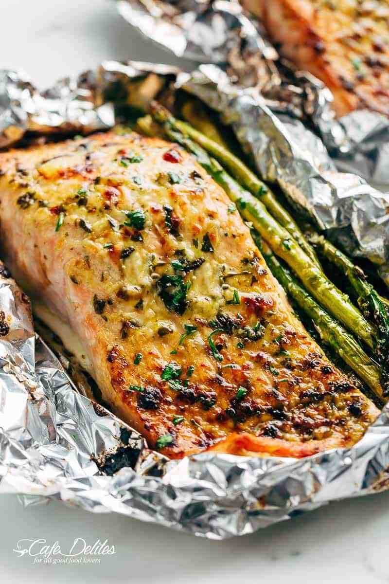 Grilled Asparagus Foil
 Lemon Parmesan Salmon & Asparagus Foil Packs Cafe Delites