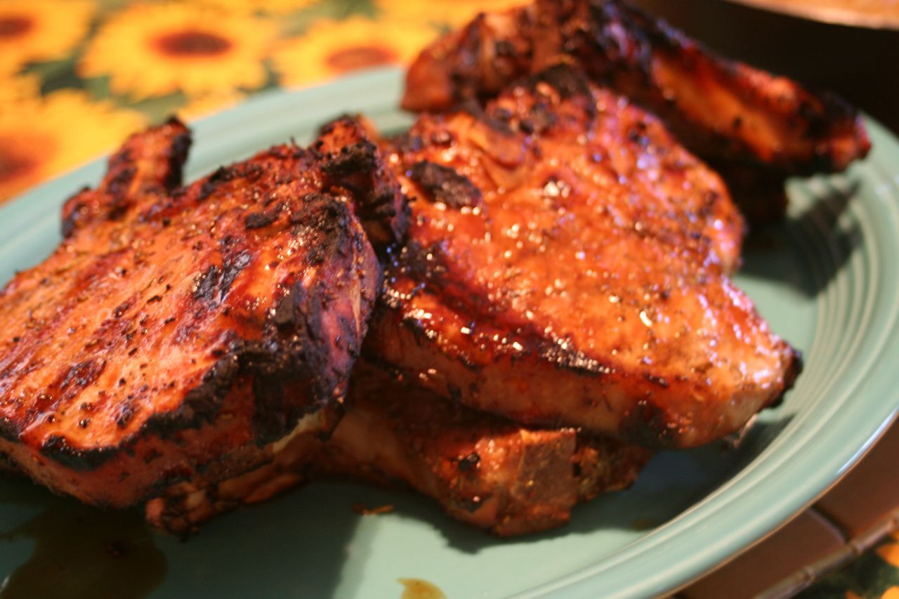 Grilled Pork Chops
 Never Too Many Cooks Grilled pork chops with brown