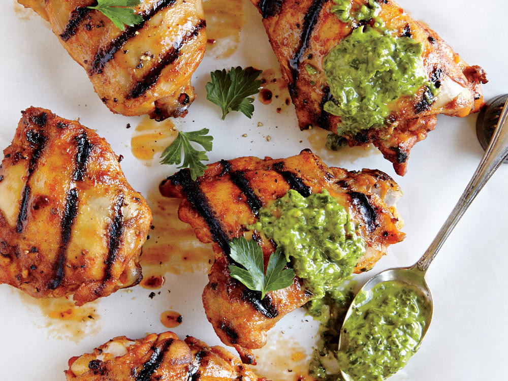 Grilling Chicken Thighs
 Spiced Grilled Chicken Thighs & Creamy Chile Herb Sauce