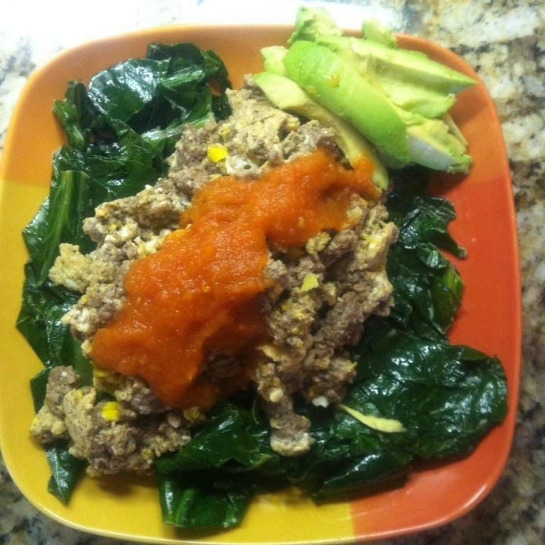 Ground Beef And Eggs
 Ground beef and eggs over collards – fastPaleo