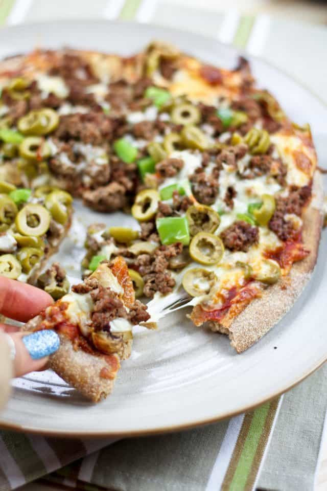 Ground Beef Pizza
 Healthy Pizzeria Style Ground Beef and Green Olives Pizza