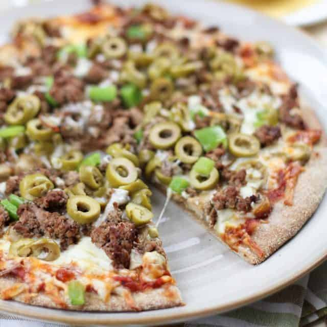 Ground Beef Pizza
 Healthy Pizzeria Style Ground Beef and Green Olives Pizza
